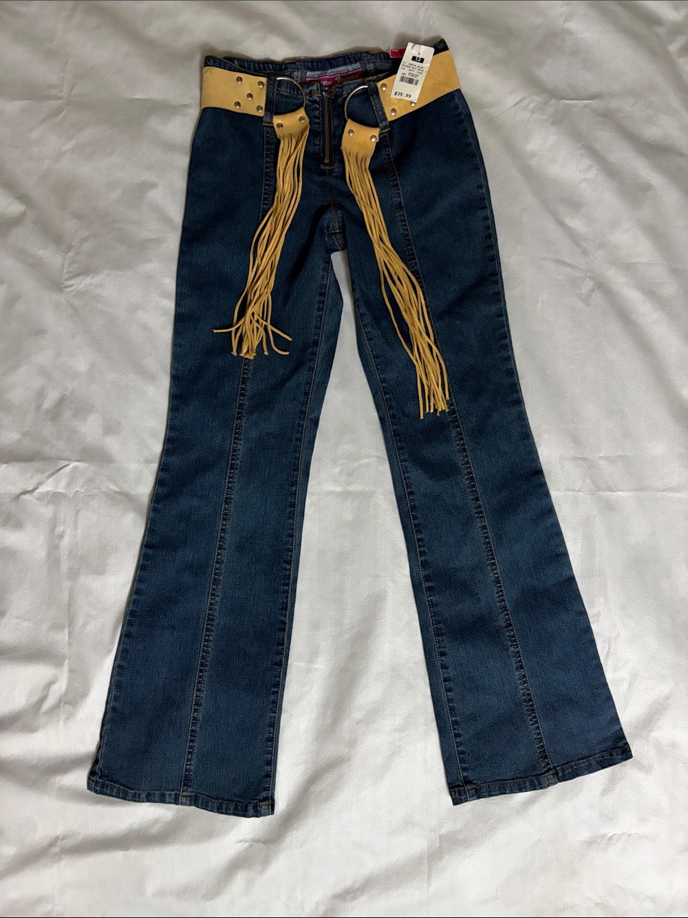 Women's Dark Blue Flare Jeans with Tan Fringe Belt - Stone Jeans size 12